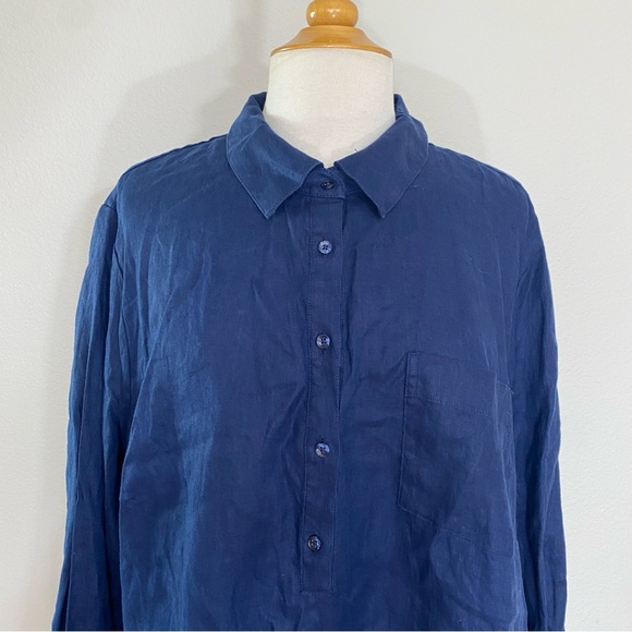 INC Womens Navy 100% Linen Partial Button Pocket Collared Raw Hem Blouse Size 3X - Picture 5 of 16